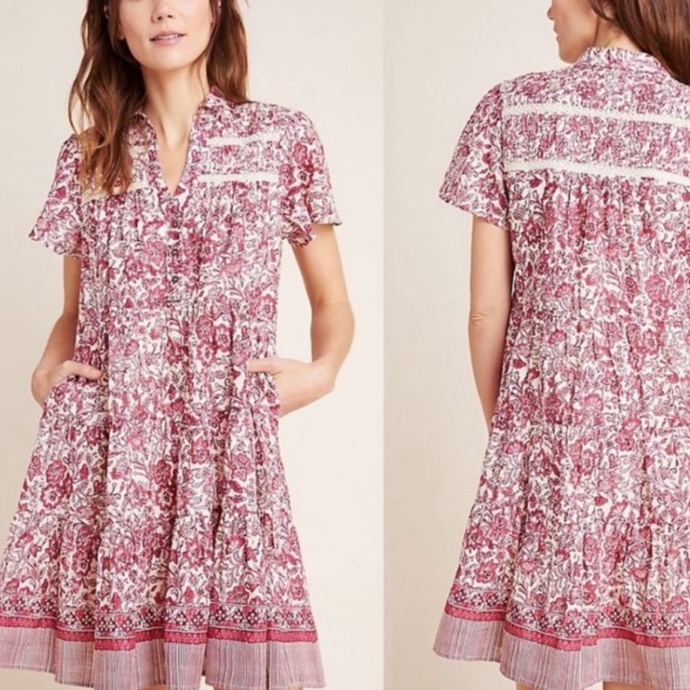 Anthropologie Georgina Mini Spring Boho Cotton Dress Pink Floral Trim